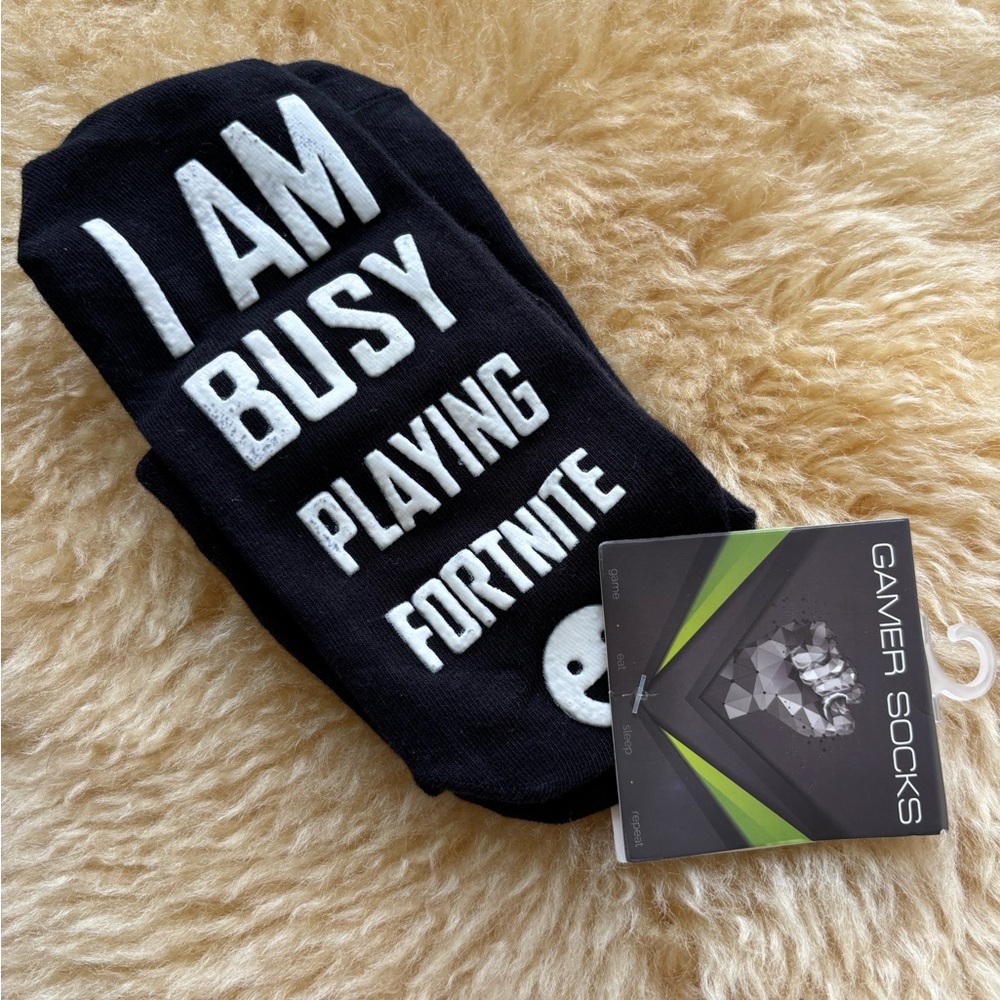 Black Gamer Socks with White Text